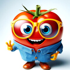 Fototapeta premium Tomato wearing blue dress and yellow frame glasses giving toothy smile and looking with wide eyes open. Tomato character with big eyes and having toothy smile. Cute red vegetable character.