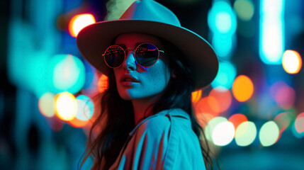 A fashionable Caucasian woman wearing a hat and sunglasses, illuminated by colorful urban night lights