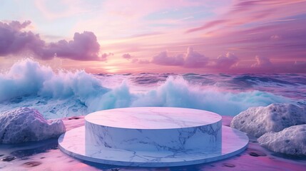 A digital artwork featuring a marble platform set against a vivid sunset and turbulent sea waves,...