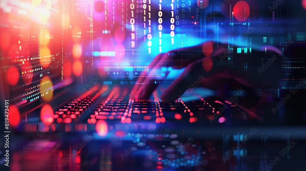 Poster hands typing on computer keyboard, with abstract code, online cyber attack, hack, threats and breach