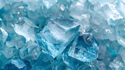Obraz premium Ultrarealistic ice background, featuring a dense array of translucent blue and white crystals in various shapes, with a focus on the intricate details of each piece. 