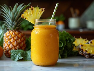 A pineapple smoothie in a glass jar.