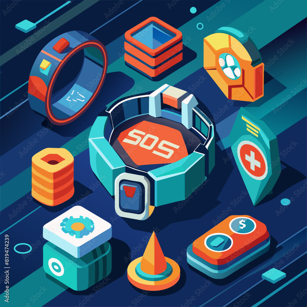 Poster personal safety wearables with sos. emergency alert technology. safety and security device. low poly