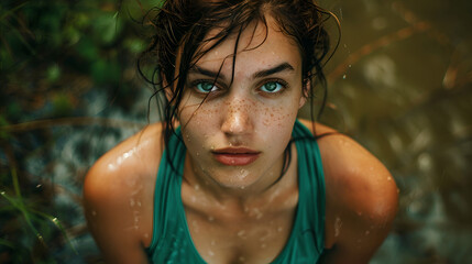 A woman with wet hair and a green tank top is looking at the camera
