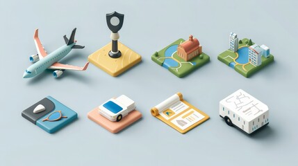 Enhance your travel and transport projects with this collection of 3D travel tourism icons. Perfect for trip planning and holiday vacations, these icons include planes, maps