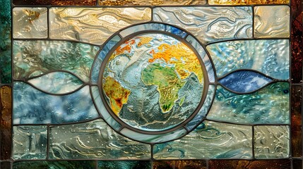 square stained glass panel with circular earth, pale colours with slub glass, minimalism