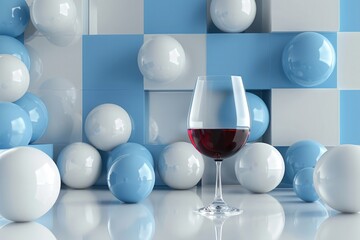 3D rendering of an abstract geometric background with blue and white spheres, cubes or squares. A glass cup with wine sits on a table