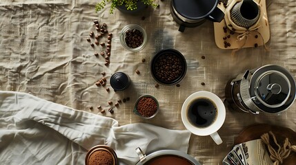 Rustic Coffee Connoisseur's Delight - Flat Lay of Coffee Beans, French Press, and Grinder on Textured Tablecloth