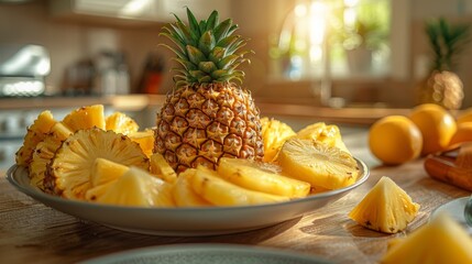 A bowl of fruit with pineapple on a kitchen counter in the morning sun. 