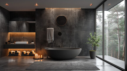 Modern bathroom with sleek lines and minimalist decor. - Powered by Adobe