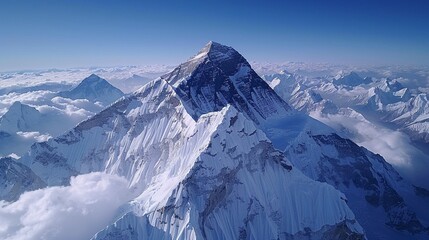Aerial shot of Mount Everest, snowcapped peak, climbers ascending , DALL-E 2