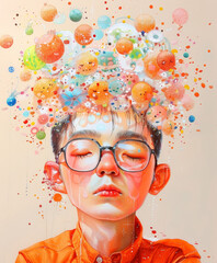 Surreal digital art of a child with glasses, depicting colorful bubbles and shapes emerging from the mind. Creative concept.