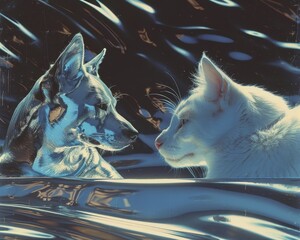 Surreal digital artwork of a dog and a cat facing each other with a metallic texture and abstract background.