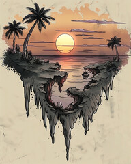 Surreal floating island with palm trees at sunset, featuring a beach and ocean scene, perfect for fantasy or nature-themed designs.