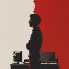 Silhouette of a professional man in office setting, split background with red and white, conveying creativity and ambition.