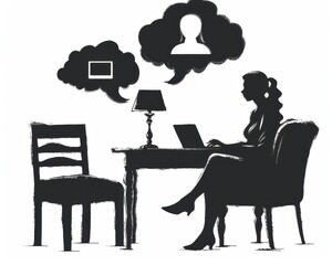 Silhouette of a woman working on a laptop at a desk with thought bubbles indicating ideas of people and technology.