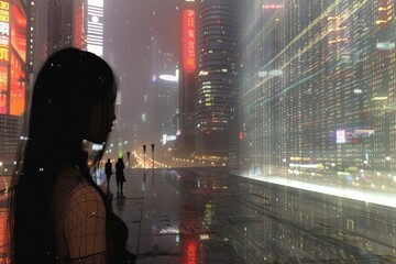 Silhouette of a person standing by a rainy cityscape with illuminated skyscrapers reflecting on wet pavement.