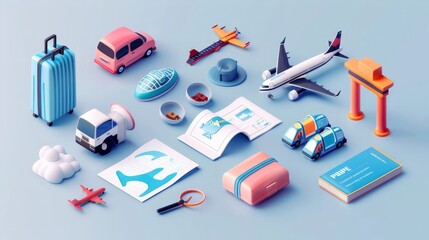 This 3D icon set for travel tourism is perfect for trip planning and holiday vacations. Featuring a range of travel essentials like maps, planes, and tickets, they bring vibrant detail 