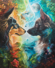 Surreal artwork of two dogs facing each other with vibrant backgrounds representing day and night, nature and cosmic elements.