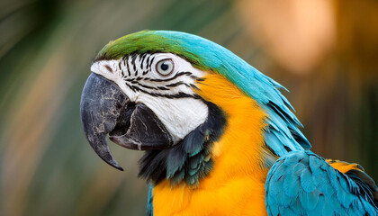 Obraz premium A blue and yellow parrot is looking at the camera. The bird macaw has a black beak and a white head