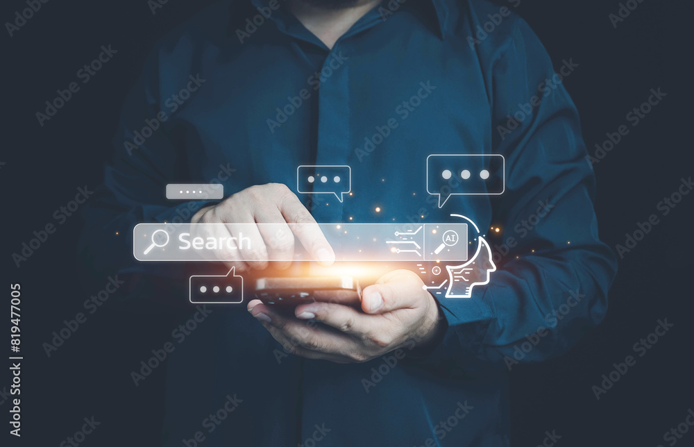 Poster ai tech, chatbot with ai, artificial intelligence, search engine, businessman using laptop connectio