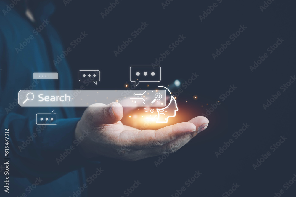 Poster ai tech, chatbot with ai, artificial intelligence, search engine, businessman using laptop connectio