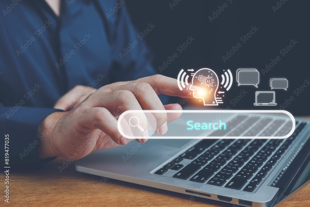 Poster ai tech, chatbot with ai, artificial intelligence, search engine, businessman using laptop connectio