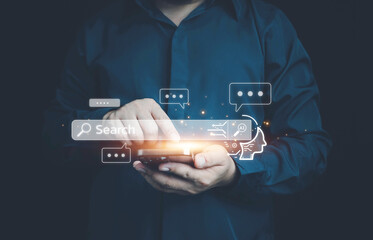 Ai tech, Chatbot with AI, Artificial Intelligence, search engine, businessman using laptop connection to AI, use command prompt for generates idea something or solve problems, digital transformation.