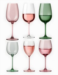 Collection set of red white, green and pink rosé rose champagne wine glass goblet on transparent background cutout, PNG file. Mockup template for artwork graphic design
