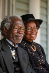 An elderly African American man and woman sit together, smiling warmly. The man wears glasses and a suit with a bolo tie, while the woman is elegantly dressed with a hat and jewelry.