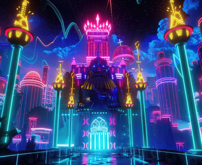 A king, illuminated in neon mystery, reigns over a visually stunning science kingdom