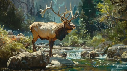 Attractive Wild elk outdoors with nature landscape