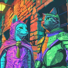 Two cats dressed as medieval knights in colorful attire, standing in front of an old brick wall, showcasing an imaginative fantasy scene.