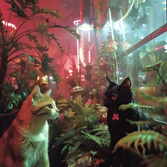 Two cats in a vibrant, neon-lit garden filled with lush plants and mysterious ambiance, blending nature and urban aesthetics.