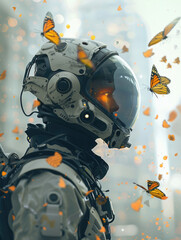Sci fi soldiers and butterflies merge in hyper realistic surveillance of galaxies