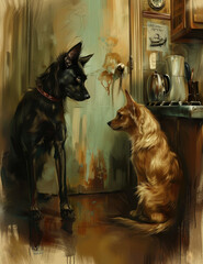 Two dogs of different breeds intently face each other in a rustic kitchen setting, digital art illustration.