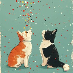 Two adorable cats looking up in wonder, surrounded by colorful confetti falling against a teal background.