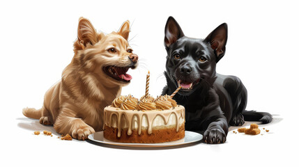 Two adorable dogs celebrating a special occasion with a delicious looking birthday cake on a white background.