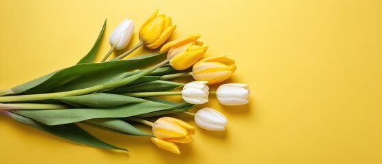 yellow and white tulips on yellow background with space for text
