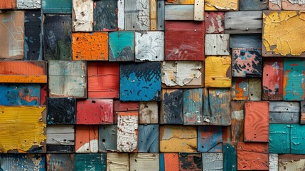 Image shows a colorful wooden wall made of small square pieces painted in different bright colors.