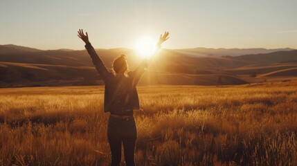 The girl on the top of the mountain raised both hands, the sun was setting. concept of success and achievement, joy, happiness.