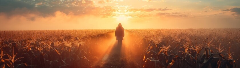 In a corn field at dawn, a farmer strolls amid rows with mist lingering close to the ground