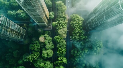 A cutting-edge power plant enveloped by trees, promoting eco power and green industry. This image represents sustainable energy solutions that prioritize low carbon footprint and environmental care.