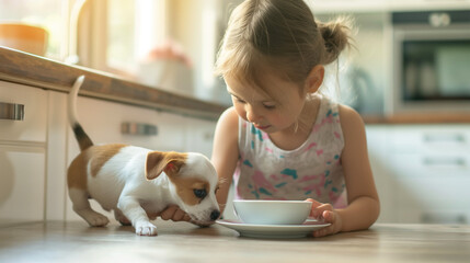 Little girl feeding her puppy in the kitchen
