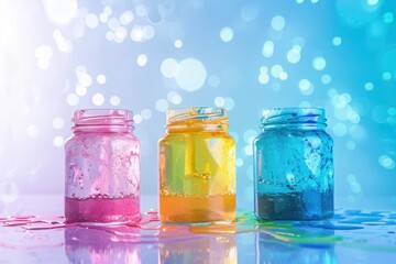 4 jars of different colors with splashes, on a white and blue background, for product photography with studio lighting.