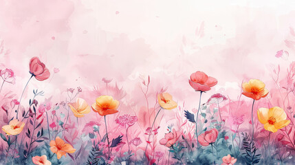Watercolor illustration of vibrant wildflowers in a dreamy pink field. Ideal for spring designs, nature themes, and artistic backgrounds.