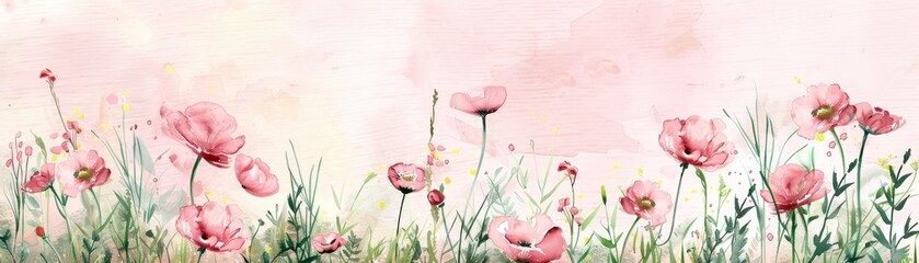 Watercolor illustration of a pink floral field with delicate flowers and green stems on a light pink background, perfect for spring designs.