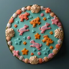 Whimsical animal-themed cake with colorful icing decorations, featuring playful patterns and designs. Perfect for kids' parties and celebrations.