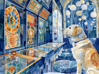 Whimsical illustration of a dog in a futuristic, colorful arcade, surrounded by vibrant lights and detailed, intricate patterns.