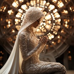 Futuristic Religious Woman in Elegant White Hooded Dress Praying in Ornate Cathedral